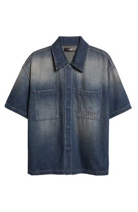 AMIRI AMIRI 3D Logo Short Sleeve Snap-Up Denim Shirt