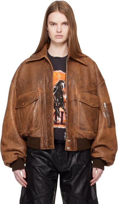 AMIRI AMIRI Tan Faded Leather Bomber Jacket