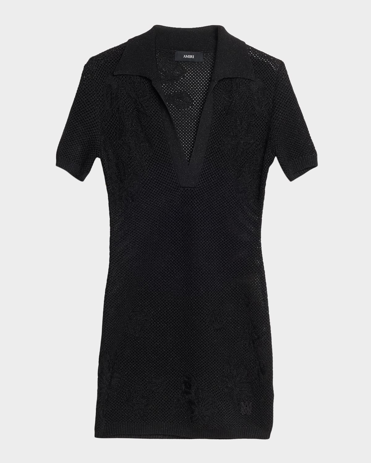 Amiri Metallic Floral Crochet Short-Sleeve Mini Polo Dress