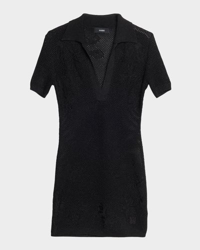 Amiri Metallic Floral Crochet Short-Sleeve Mini Polo Dress