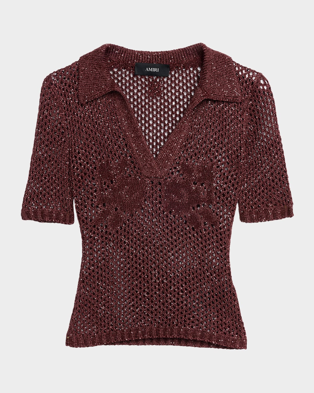 Amiri Metallic Floral Crochet Short-Sleeve Polo Top