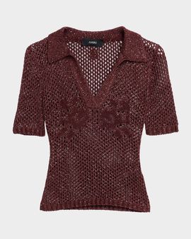 Amiri Metallic Floral Crochet Short-Sleeve Polo Top
