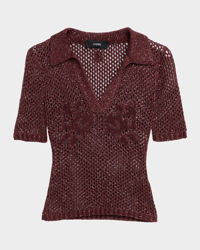 Amiri Metallic Floral Crochet Short-Sleeve Polo Top