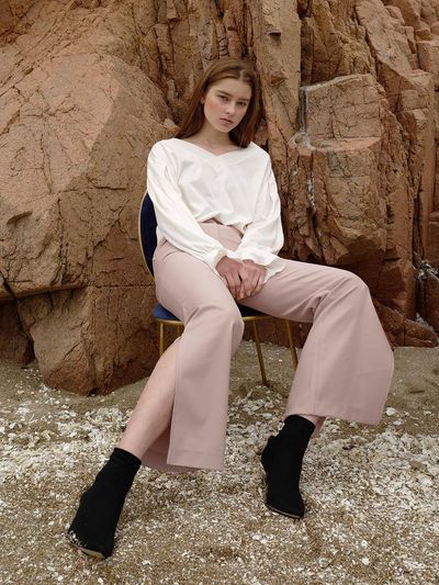 AMONG A-Line Side Slit Pin-Tuck Pants