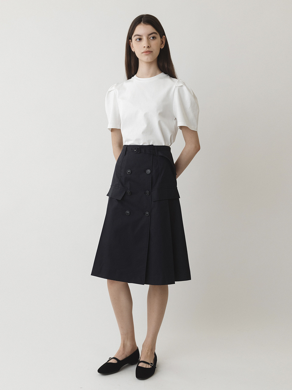 AMONG A-line Trench Wrap Midi Skirt [Navy]