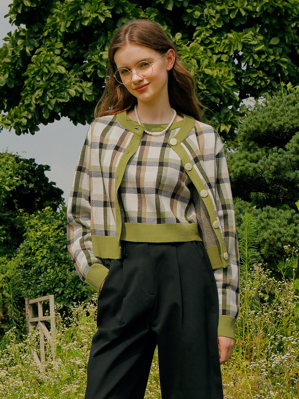 AMONG A Check Jacquard Knit Set Green