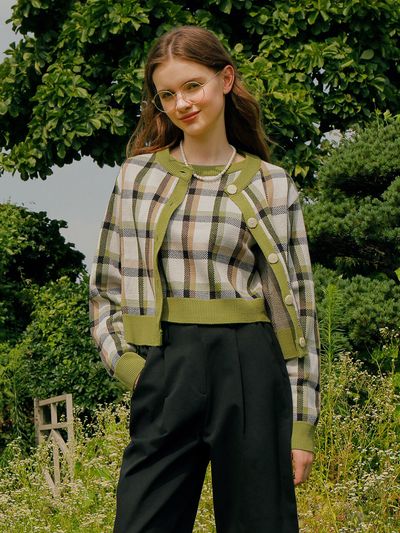 AMONG A Check Jacquard Knit Set Green