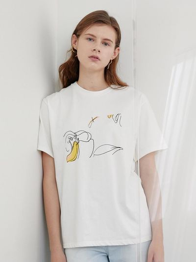 AMONG Abstract Print Cotton Minimalist T-shirt [Ivory]