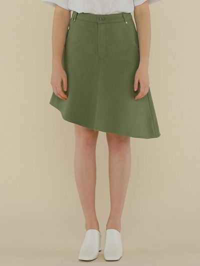 AMONG Asymmetrical Flare Cotton Skirt [Khaki]