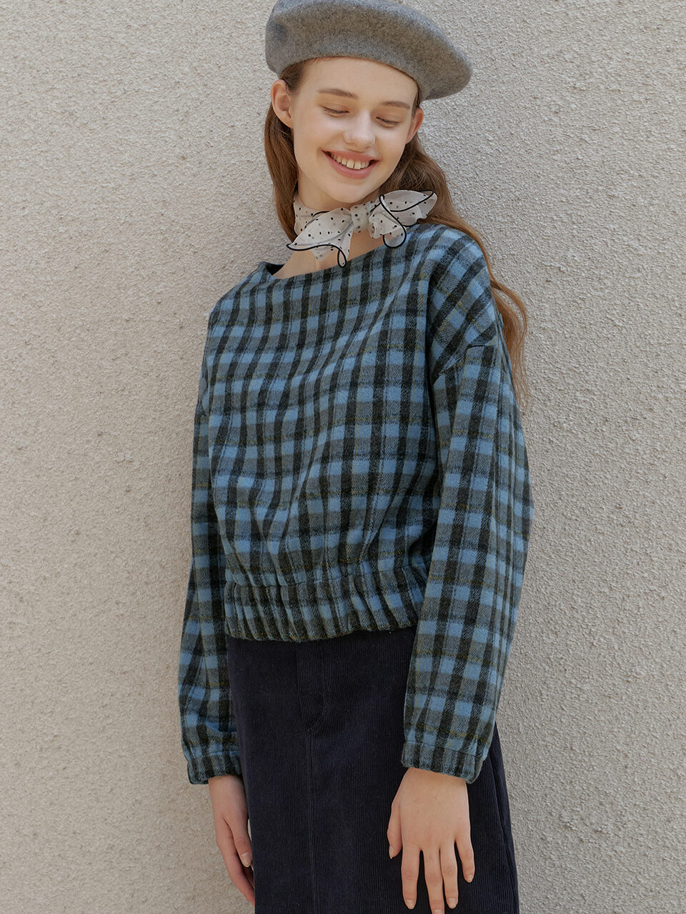 AMONG Boat Neck Banding Wool Blend Blouse