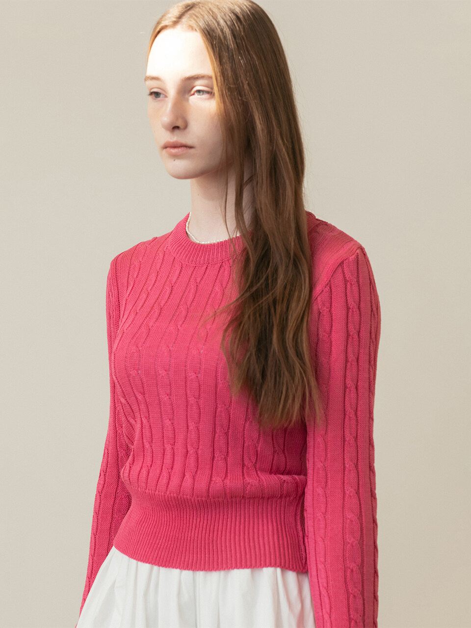 AMONG Cable Ribbon Knit Top [Pink]
