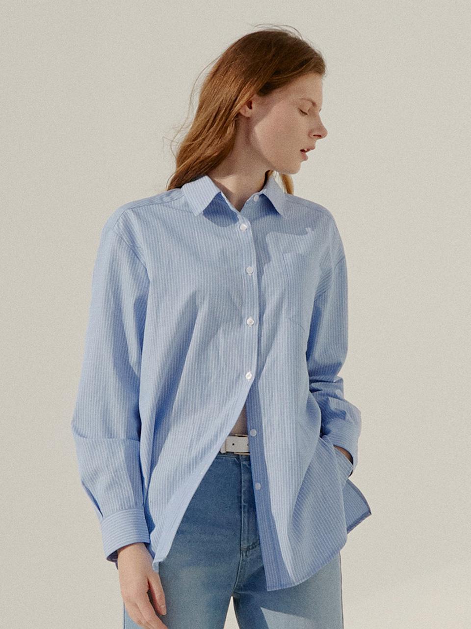 AMONG Cotton Pinstripe Classic Shirt [Sky Blue]