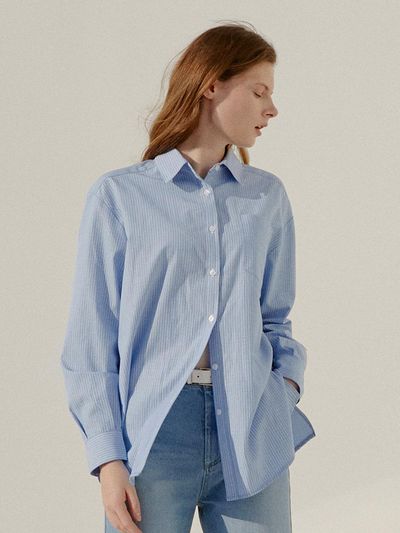 AMONG Cotton Pinstripe Classic Shirt [Sky Blue]