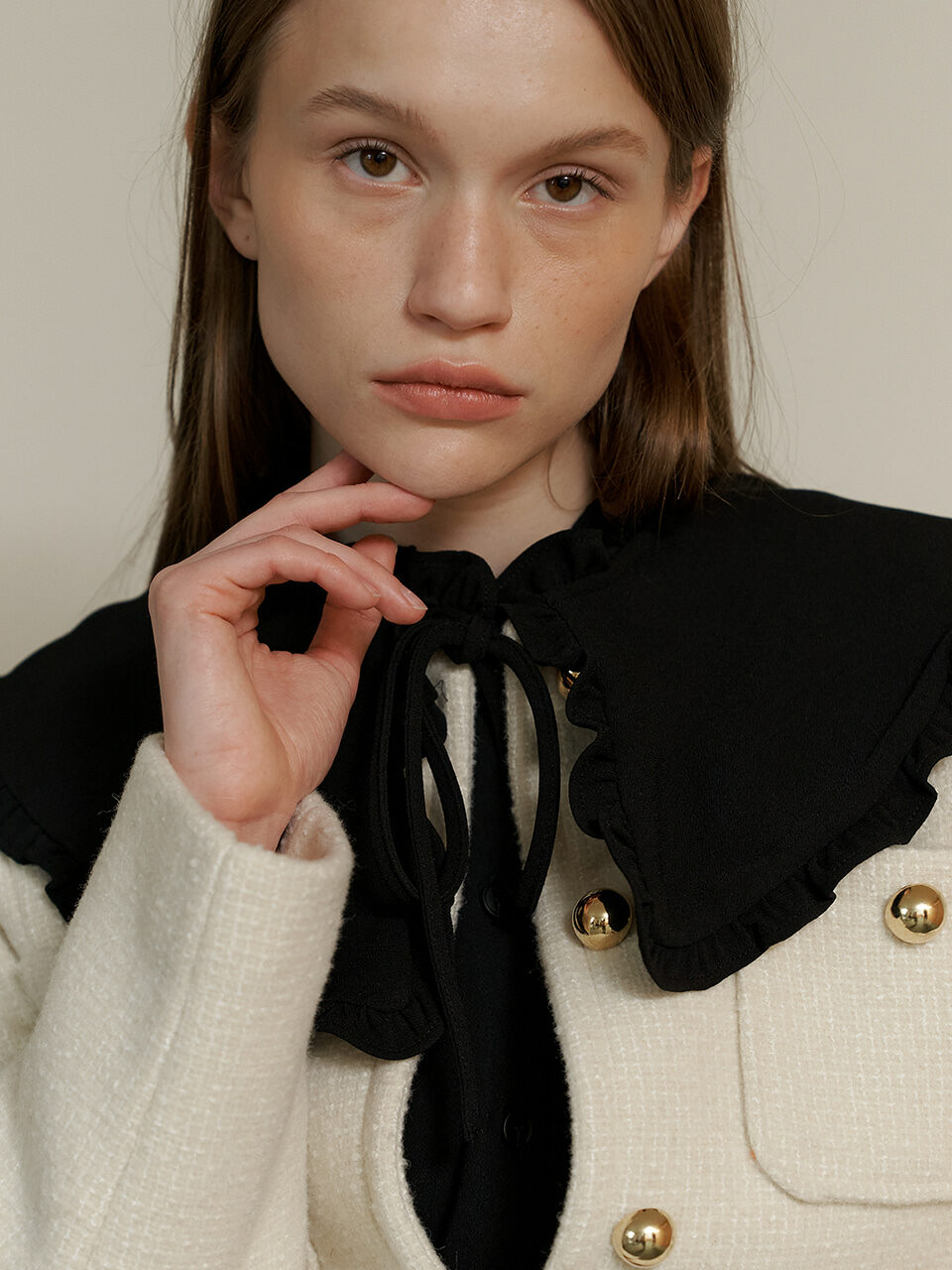 AMONG Double Collar Ruffle Button-Front Blouse [Black]