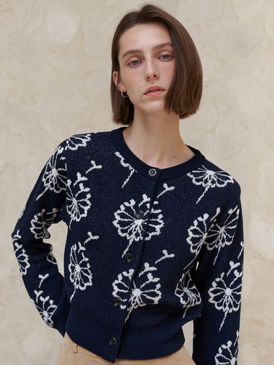 AMONG Flower Jacquard Knit Cardigan - Navy