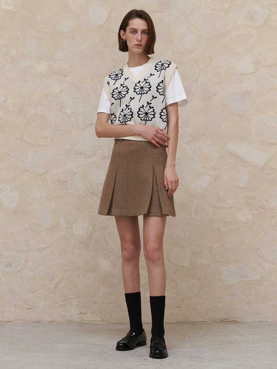 AMONG Herringbone Wool Skirt - Brown