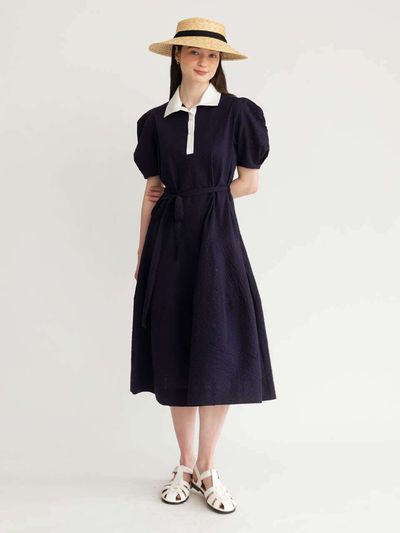 AMONG Pointed Collar Cotton Seersucker Long Dress [Navy]