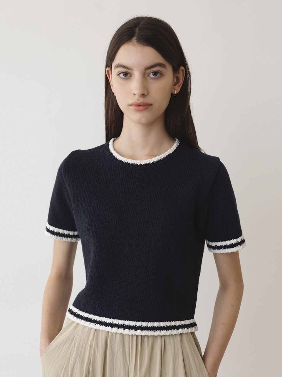 AMONG Popcorn Texture Cotton Line Knit Top [Navy]