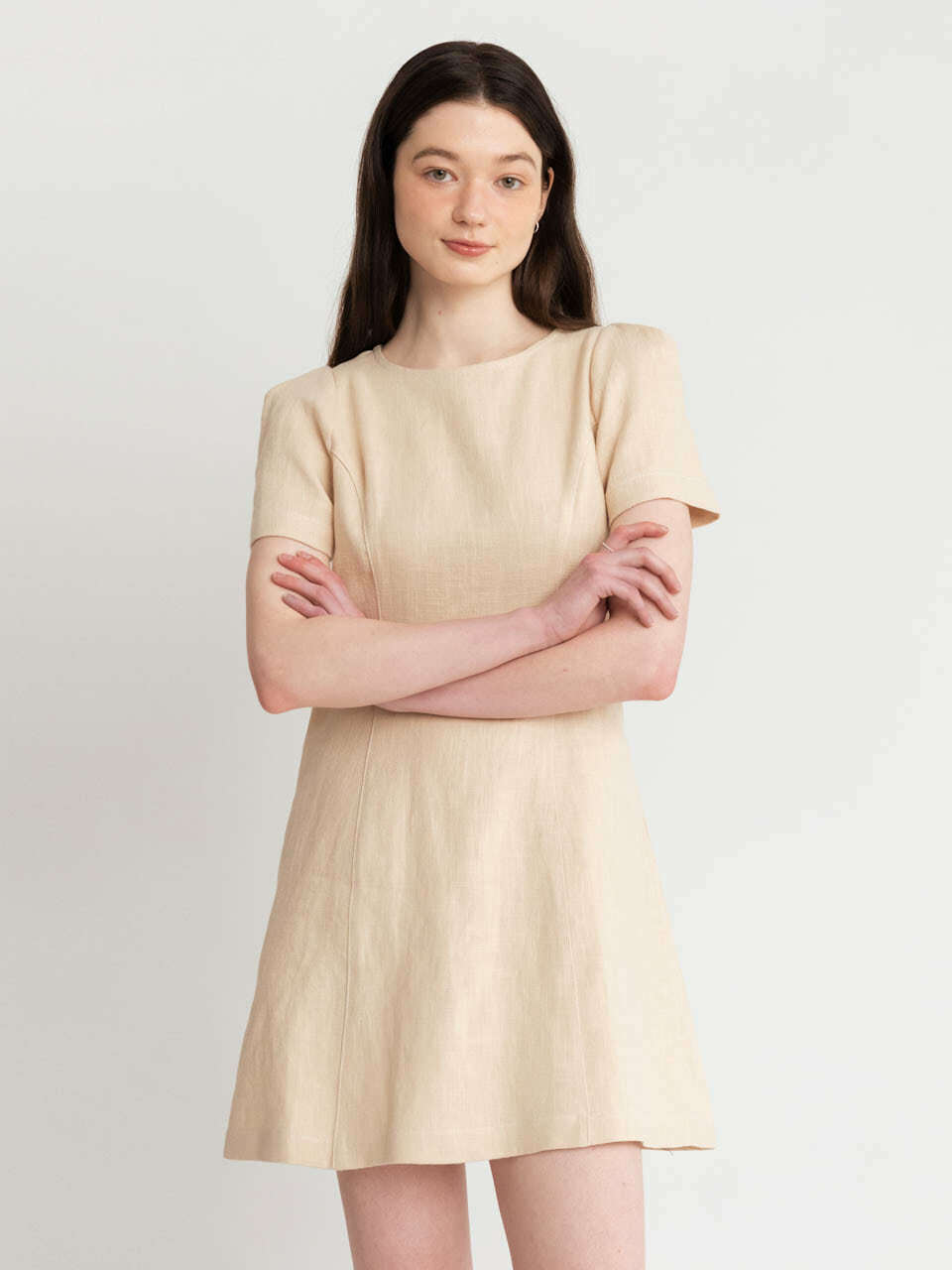 AMONG Puff Sleeve Linen Mini Dress [Beige]