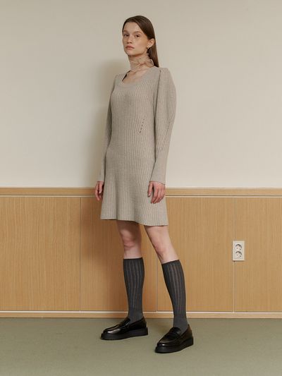 AMONG Ribbed Square Neck Puff Shoulder Wool Blend Dress [Light Brown]