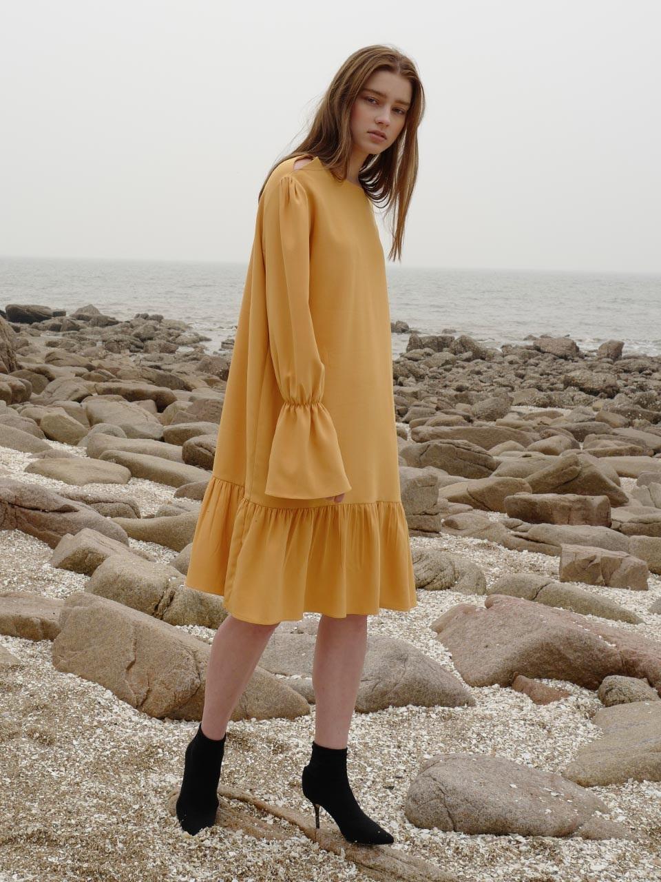 AMONG Shoulder Cut Shirred Midi Dress