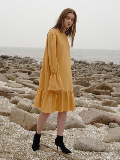 AMONG Shoulder Cut Shirred Midi Dress