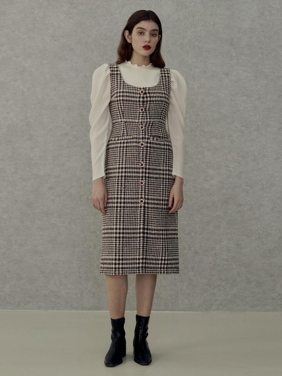 AMONG Sleeveless Button Front Check Wool Blend Dress