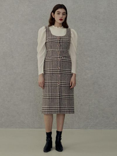AMONG Sleeveless Button Front Check Wool Blend Dress