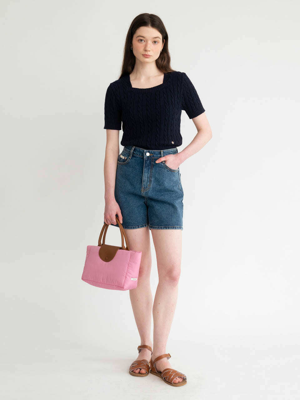 AMONG Square Neck Cable Half-Length Knit [Navy]