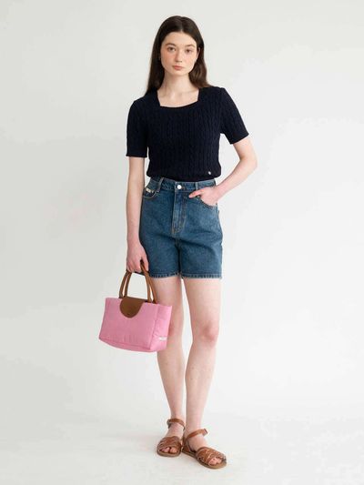 AMONG Square Neck Cable Half-Length Knit [Navy]