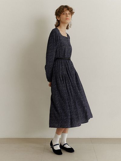 AMONG Square Neck Floral Button Belt Dress [Navy]