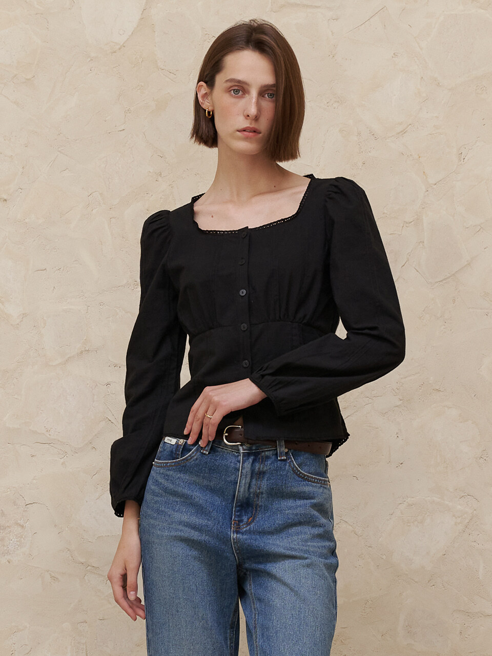 AMONG Square Neck Lace Long Sleeve Blouse - Black