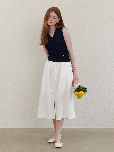 AMONG Stripe Shirring Long Skirt - White