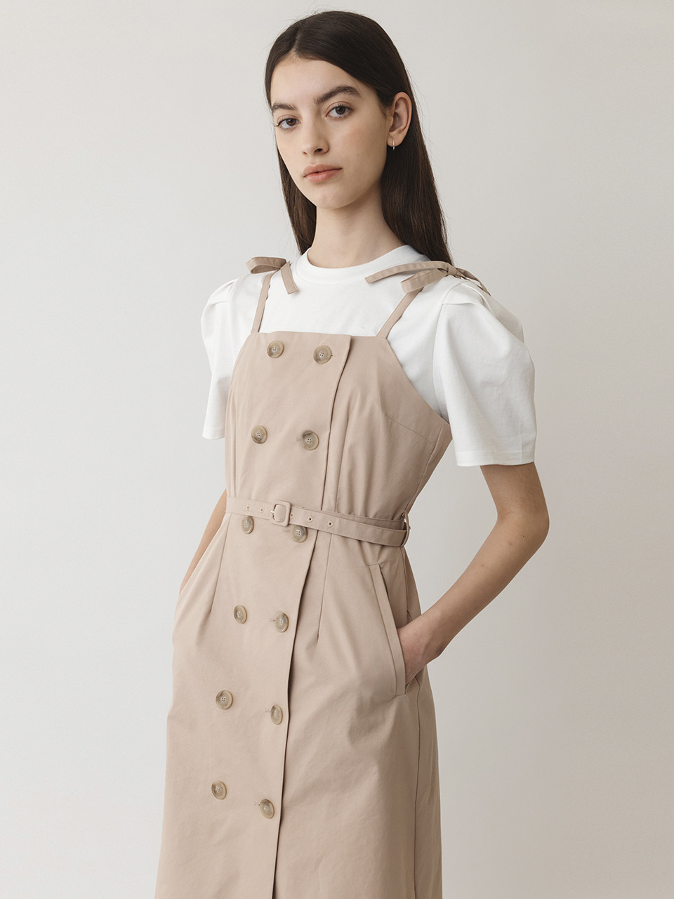 AMONG Trench Wrap Sleeveless Midi Dress [Beige]