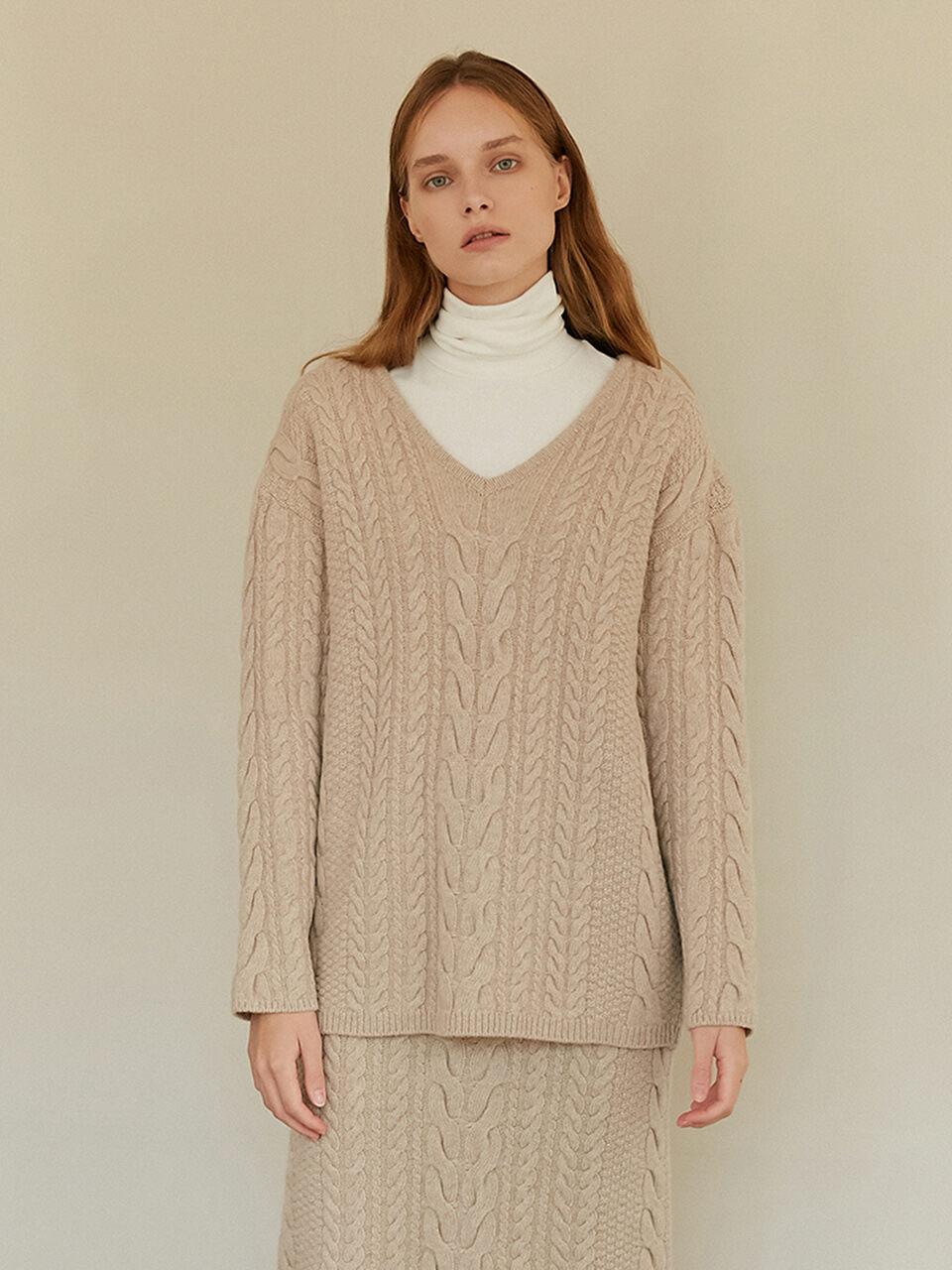 AMONG Two Way Cable Knit Wool Cashmere Top [Beige]