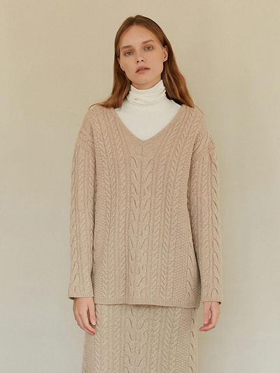 AMONG Two Way Cable Knit Wool Cashmere Top [Beige]