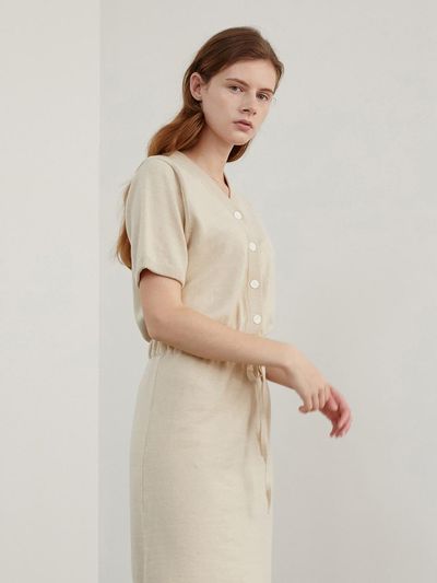 AMONG V-neck Cardigan Knit Dress [BEIGE]