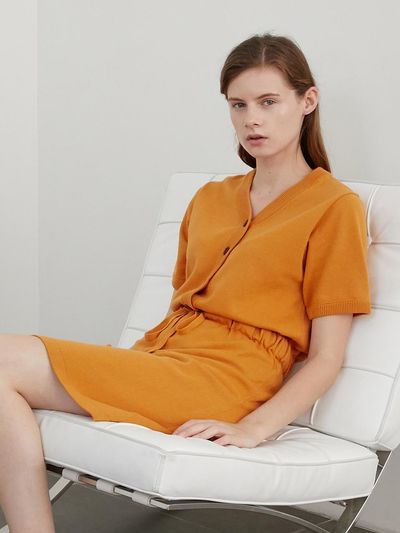 AMONG V-neck Cotton-Acrylic Cardigan Knit Dress [Orange]