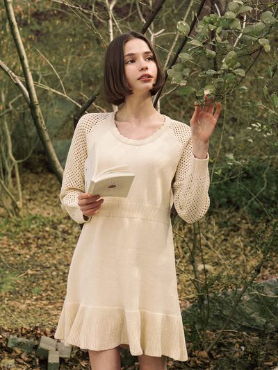 AMONG Waffle Cotton Cable Knit Raglan Dress