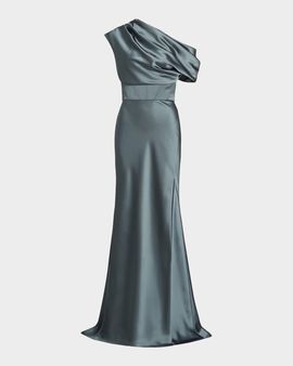 Amsale Satin One-Shoulder Gown