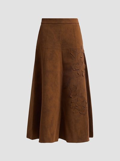 AMUR Women's Kara Floral-Embroidered Faux-Suede Midi Skirt