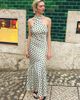 AMY LYNN Amy Lynn Baia Polka Dot Satin Halter Dress in Green, Women's at Urban Outfitters - 1