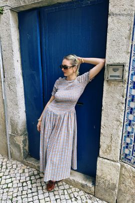 AMY LYNN Amy Lynn Beatrix Pure Cotton Smocked Plaid Midi Dress, Women's at Urban Outfitters