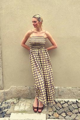 AMY LYNN Amy Lynn Darcy Polka Dot Smocked Midi Dress in Yellow, Women's at Urban Outfitters