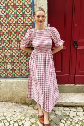 AMY LYNN Amy Lynn Imogen Cotton Window Pane check Midaxi Dress in Red, Women's at Urban Outfitters