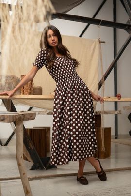 brown polka dot dress urban outfitters Dalia Maxi Dress, in Chocolate Brown Polka Dot, Size: XL | Show Me Your Mumu main image 0