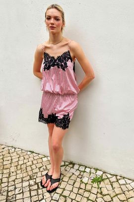 AMY LYNN Amy Lynn Palma Satin Lace Playsuit in Pink, Women's at Urban Outfitters