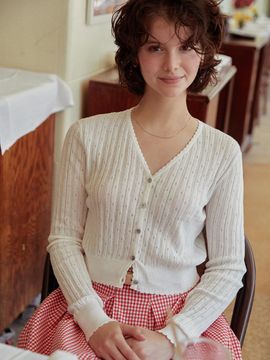 AND YOU Aroma Scallop Knit Cardigan [Ivory/Melange gray/Red]