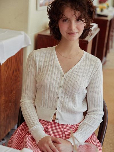 AND YOU Aroma Scallop Knit Cardigan [Ivory/Melange gray/Red]