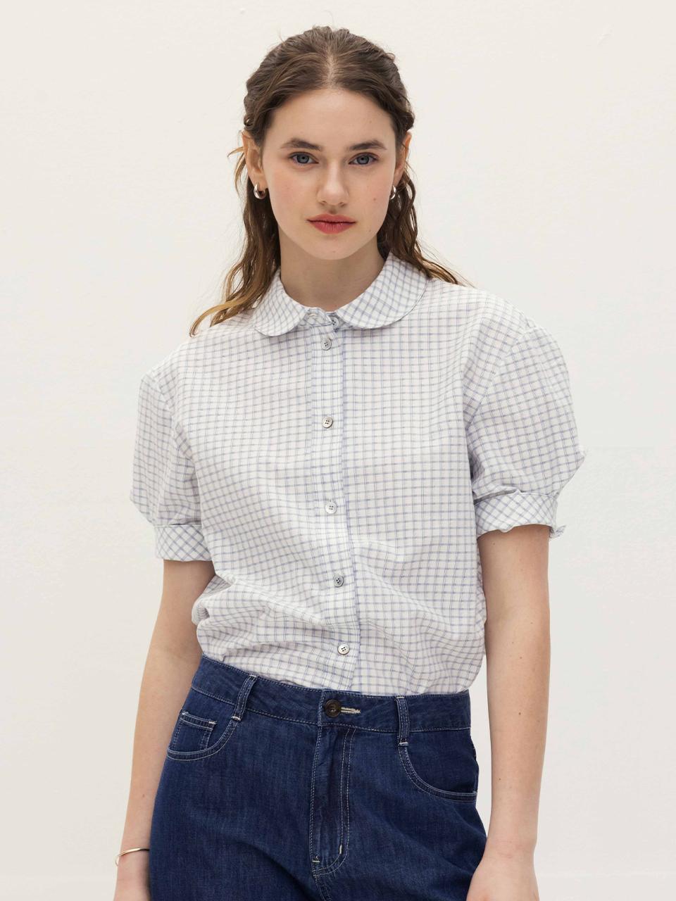 AND YOU ARS Round Collar Short-Sleeve Shirt [Navy check]